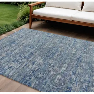 Photo of Denim Blue And Ivory Ikat Washable Indoor Outdoor Area Rug