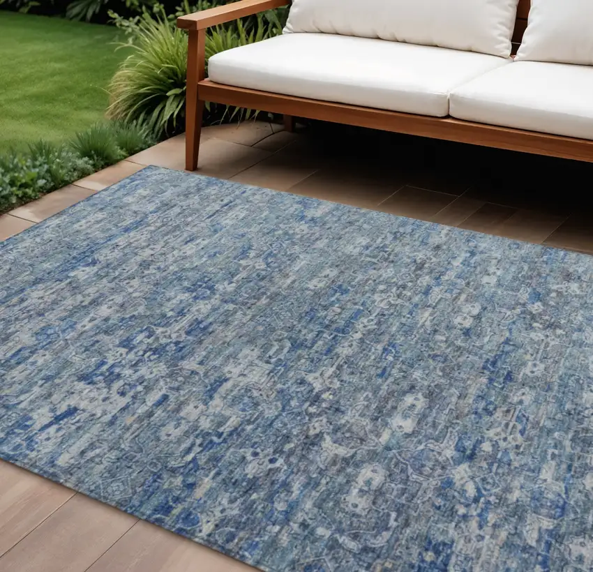 Denim Blue And Ivory Ikat Washable Indoor Outdoor Area Rug Photo 1