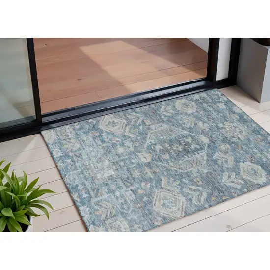 Denim Blue And Ivory Medallion Washable Indoor Outdoor Area Rug Photo 1