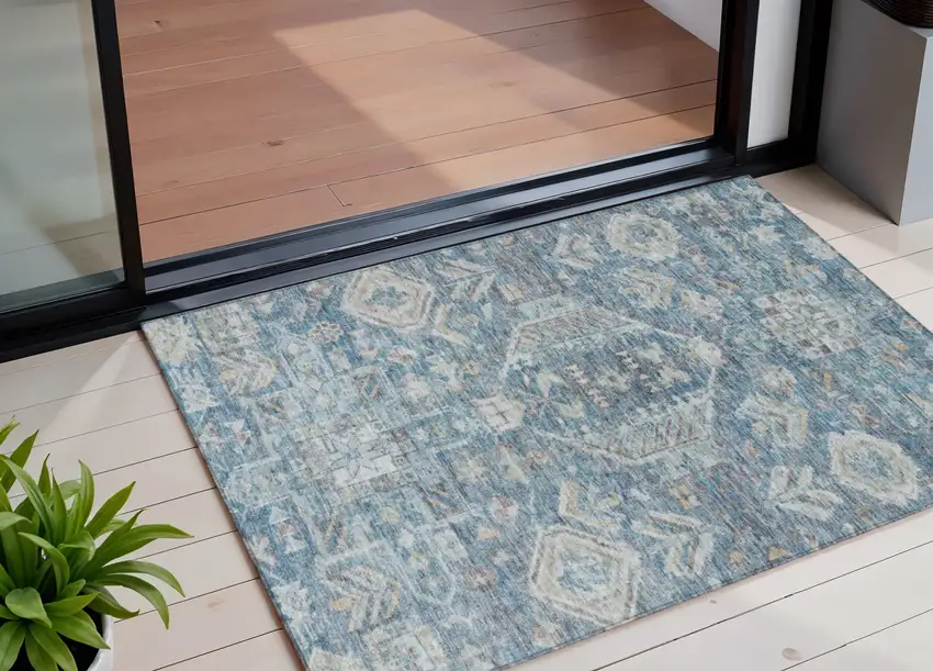 Denim Blue And Ivory Medallion Washable Indoor Outdoor Area Rug Photo 1