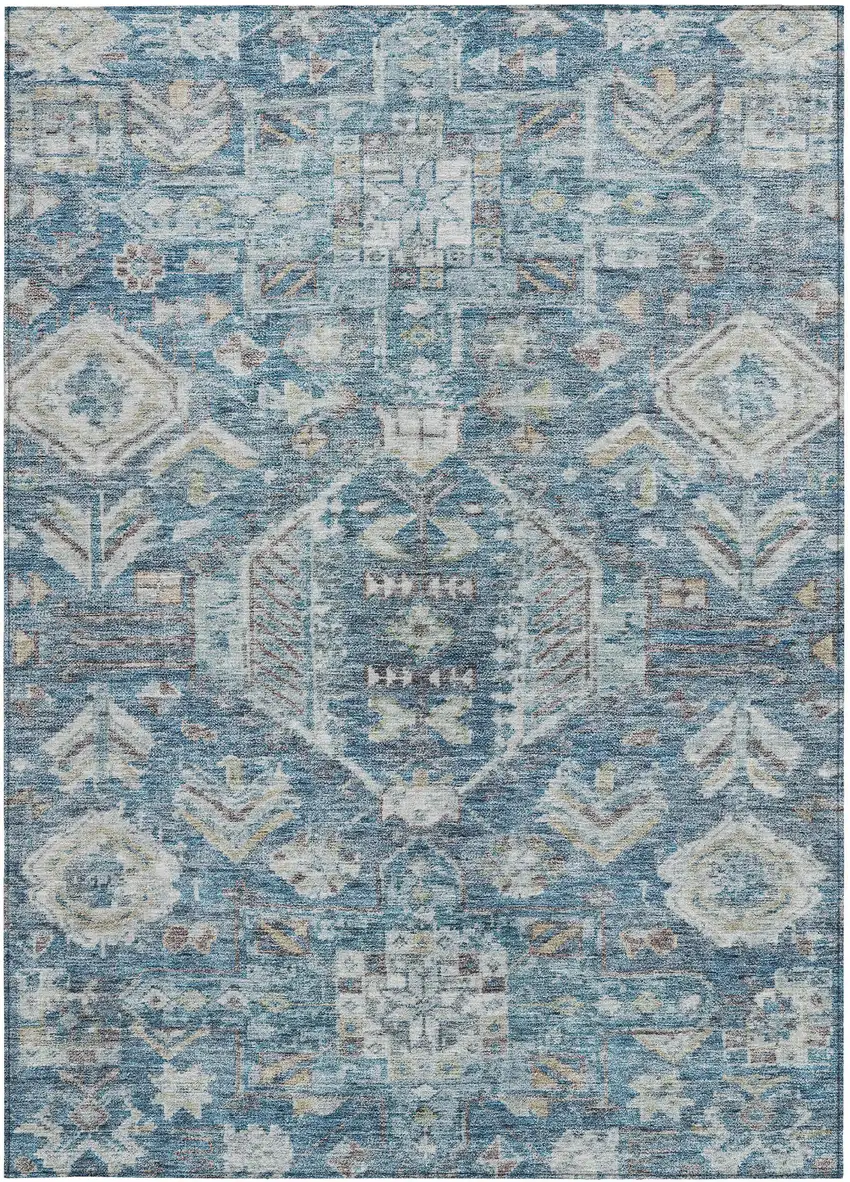 Denim Blue And Ivory Medallion Washable Indoor Outdoor Area Rug Photo 3