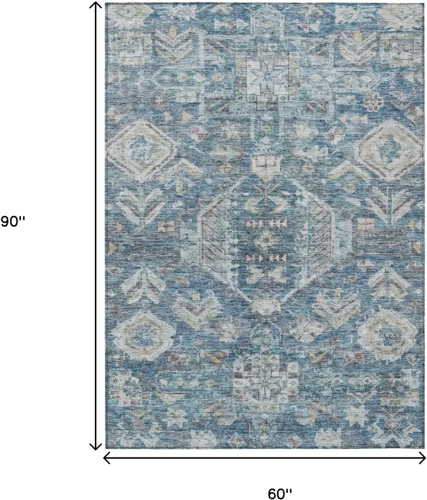 Denim Blue And Ivory Medallion Washable Indoor Outdoor Area Rug Photo 3