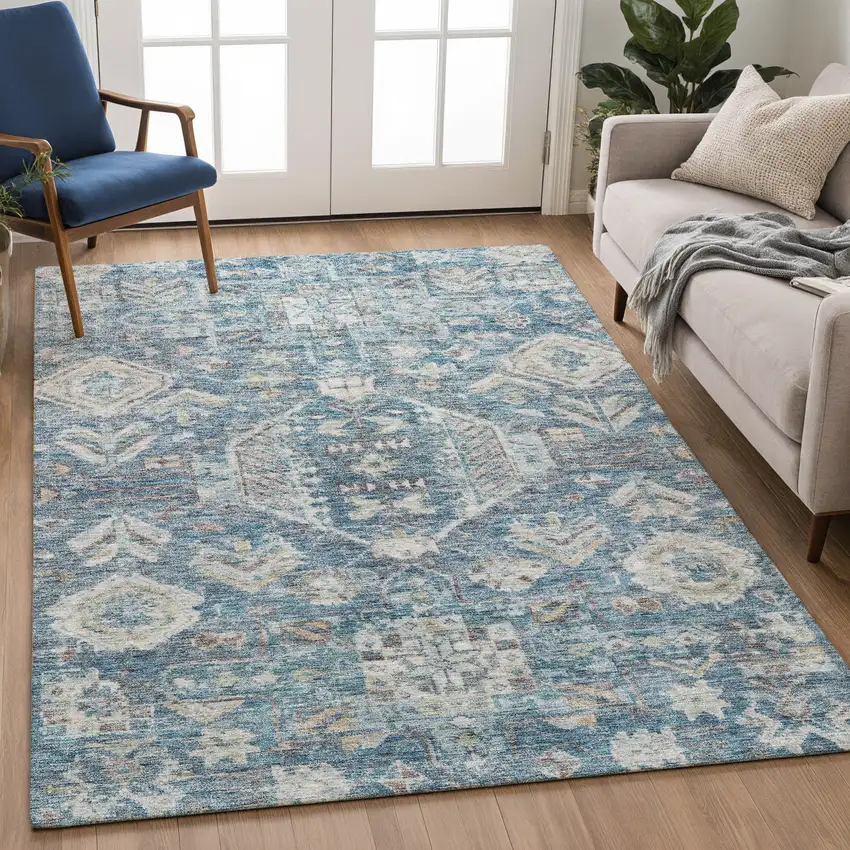 Denim Blue And Ivory Medallion Washable Indoor Outdoor Area Rug Photo 5