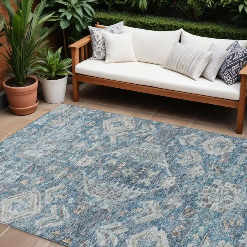Denim Blue And Ivory Medallion Washable Indoor Outdoor Area Rug Photo 1