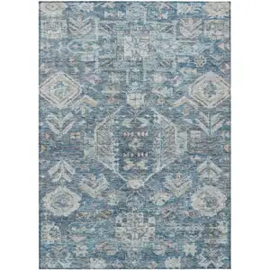 Photo of Denim Blue And Ivory Medallion Washable Indoor Outdoor Area Rug