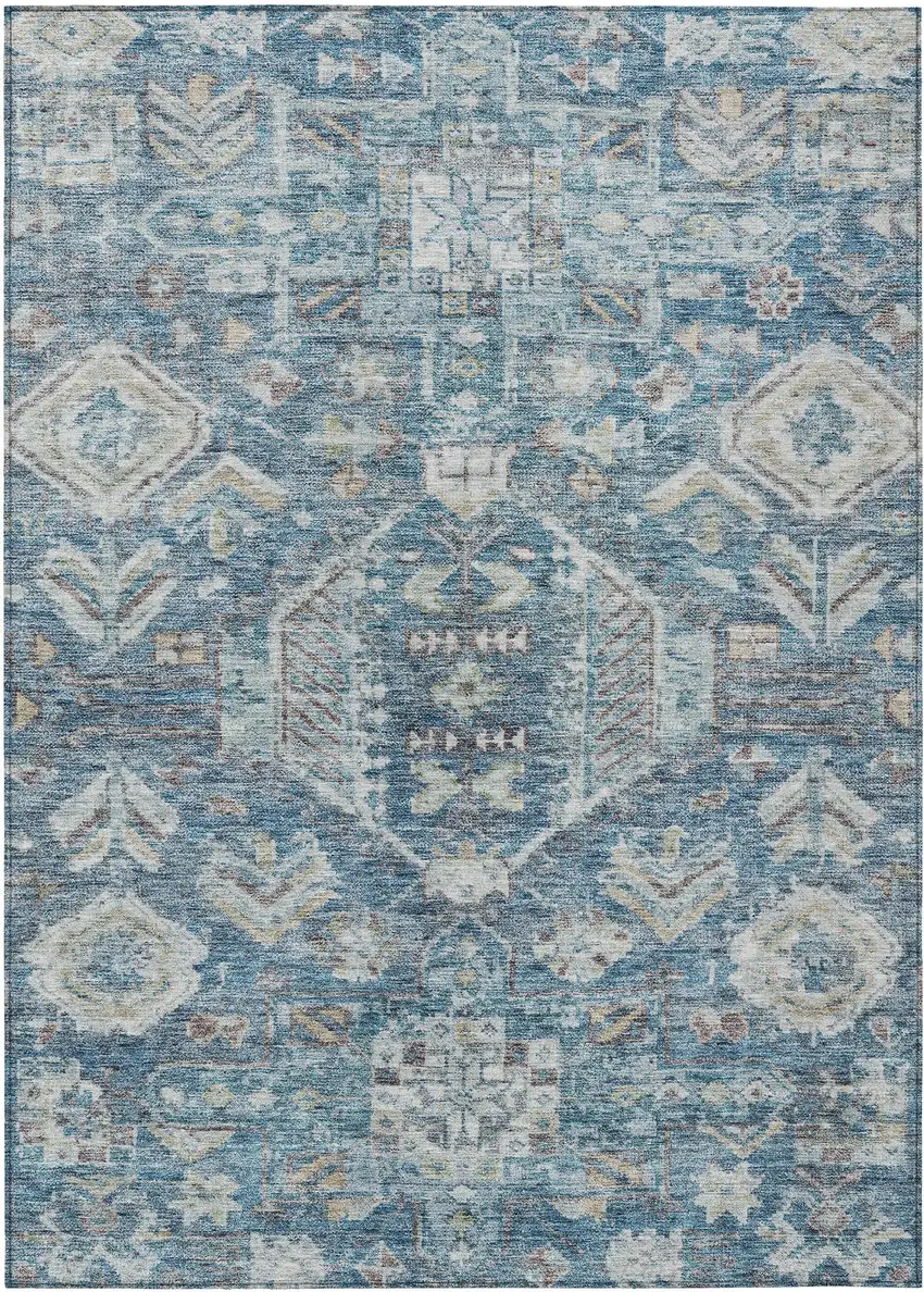 Denim Blue And Ivory Medallion Washable Indoor Outdoor Area Rug Photo 1