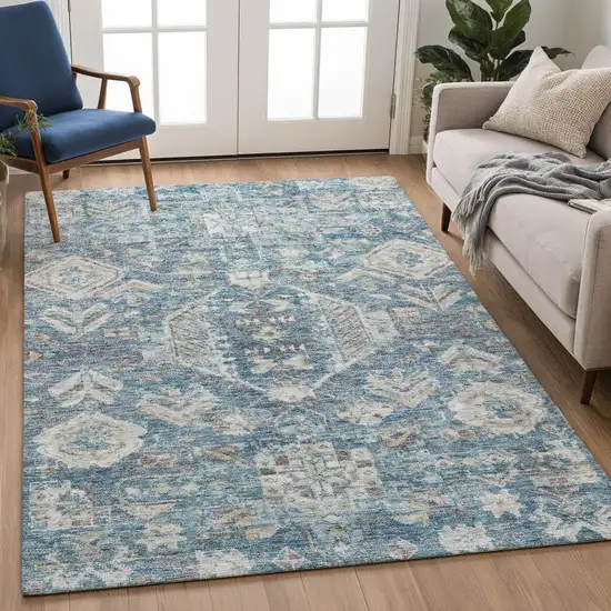 Denim Blue And Ivory Medallion Washable Indoor Outdoor Area Rug Photo 4