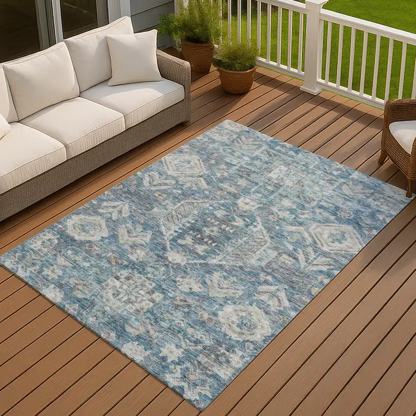 Denim Blue And Ivory Medallion Washable Indoor Outdoor Area Rug Photo 3