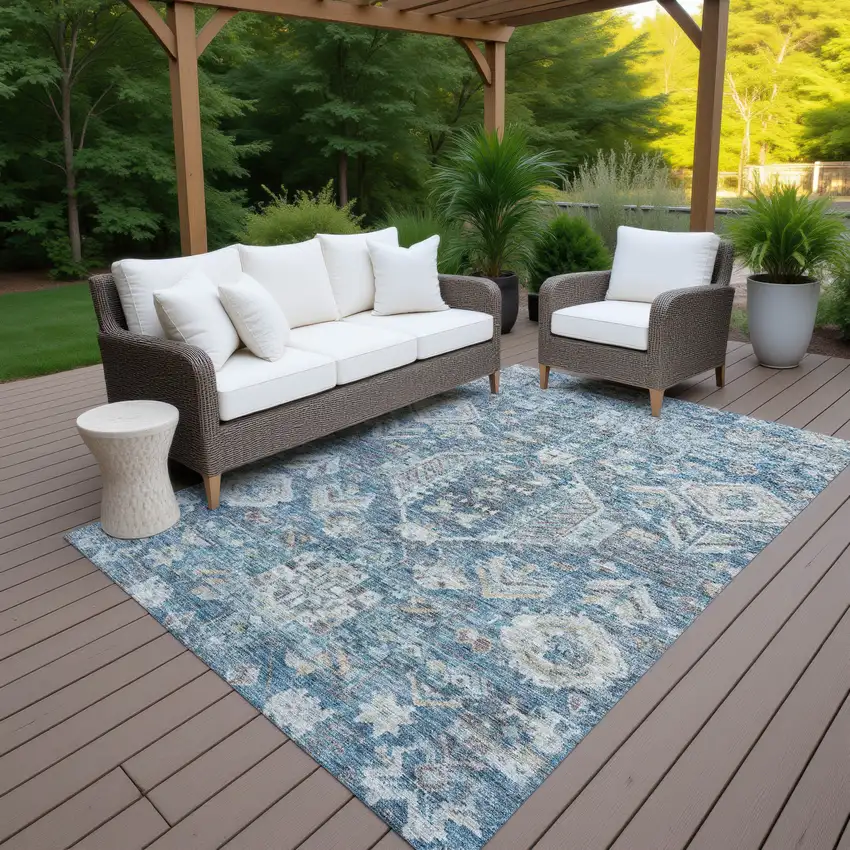 Denim Blue And Ivory Medallion Washable Indoor Outdoor Area Rug Photo 6