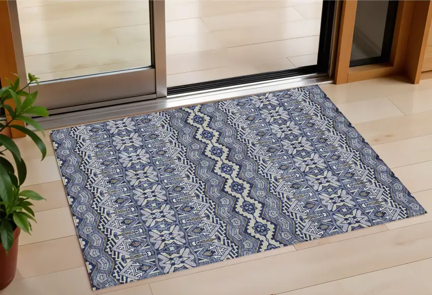 Denim Blue And Ivory Moroccan Washable Indoor Outdoor Area Rug Photo 1