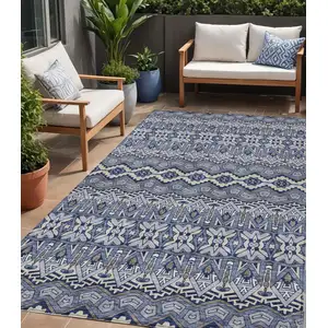 Photo of Denim Blue And Ivory Moroccan Washable Indoor Outdoor Area Rug