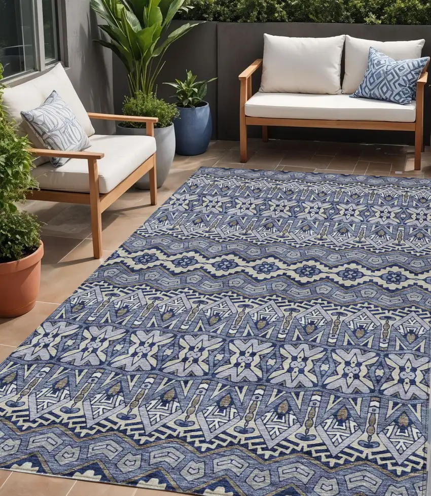 Denim Blue And Ivory Moroccan Washable Indoor Outdoor Area Rug Photo 1