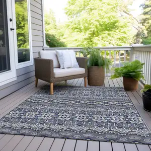 Photo of Denim Blue And Ivory Moroccan Washable Indoor Outdoor Area Rug
