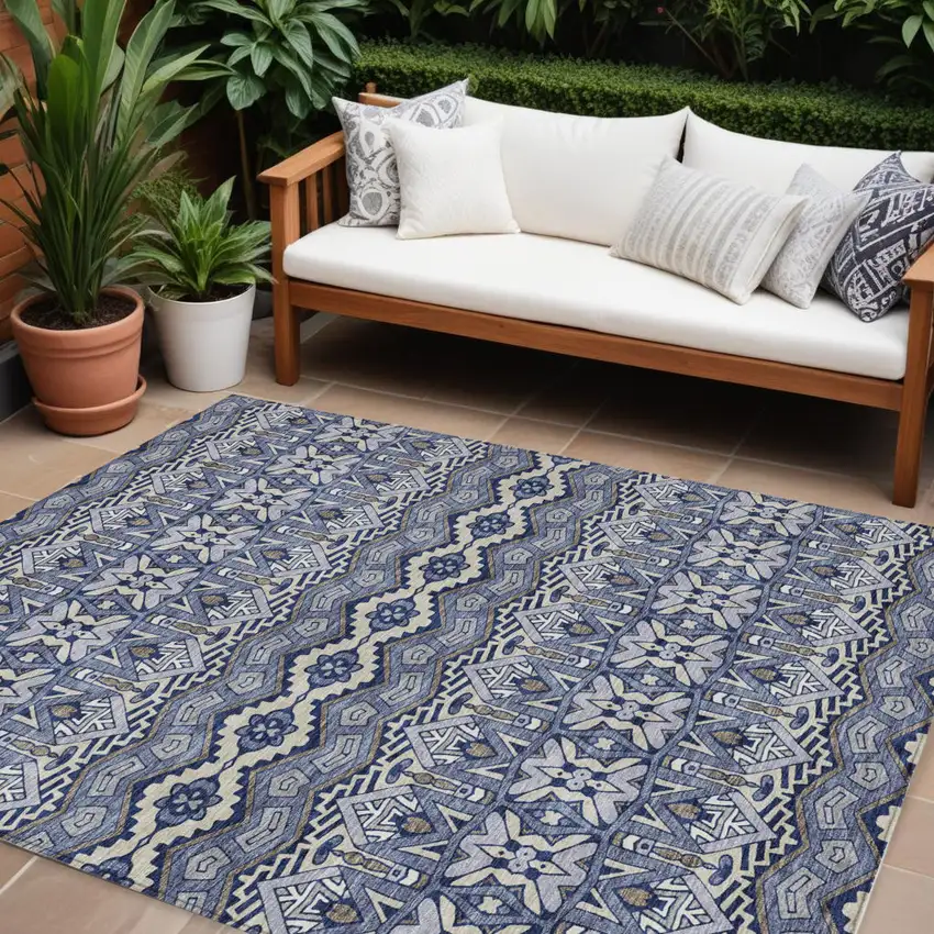 Denim Blue And Ivory Moroccan Washable Indoor Outdoor Area Rug Photo 1
