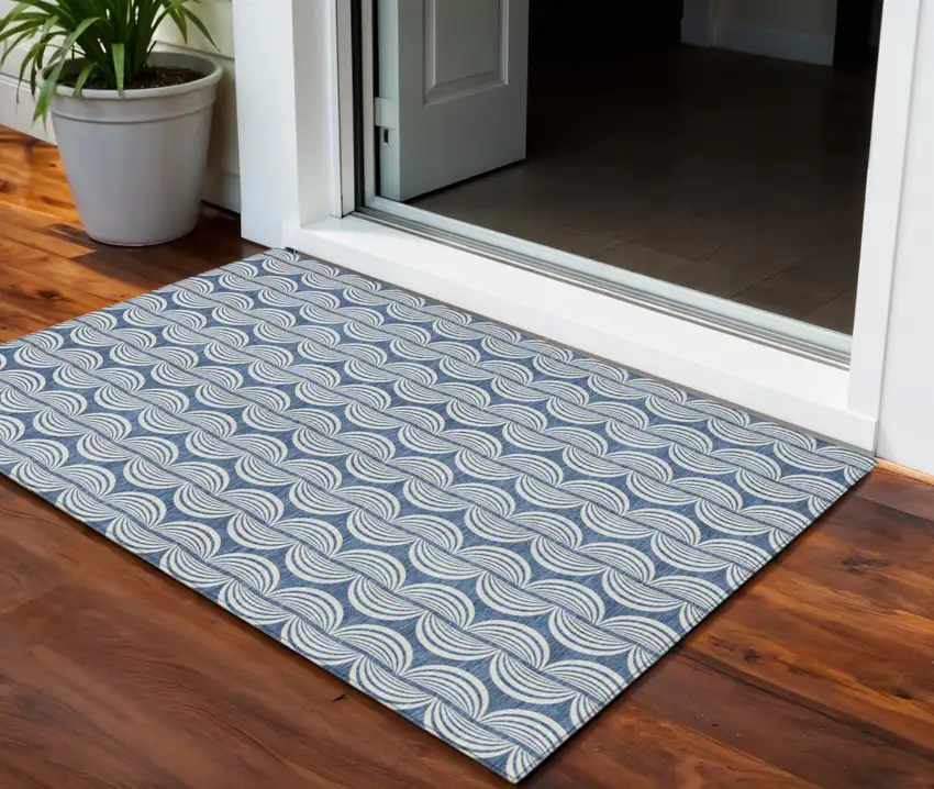 Denim Blue And Ivory Ogee Washable Indoor Outdoor Area Rug Photo 1