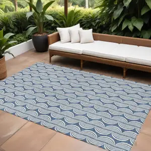 Photo of Denim Blue And Ivory Ogee Washable Indoor Outdoor Area Rug