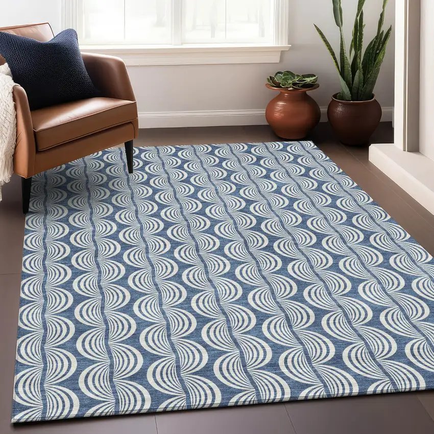 Denim Blue And Ivory Ogee Washable Indoor Outdoor Area Rug Photo 8