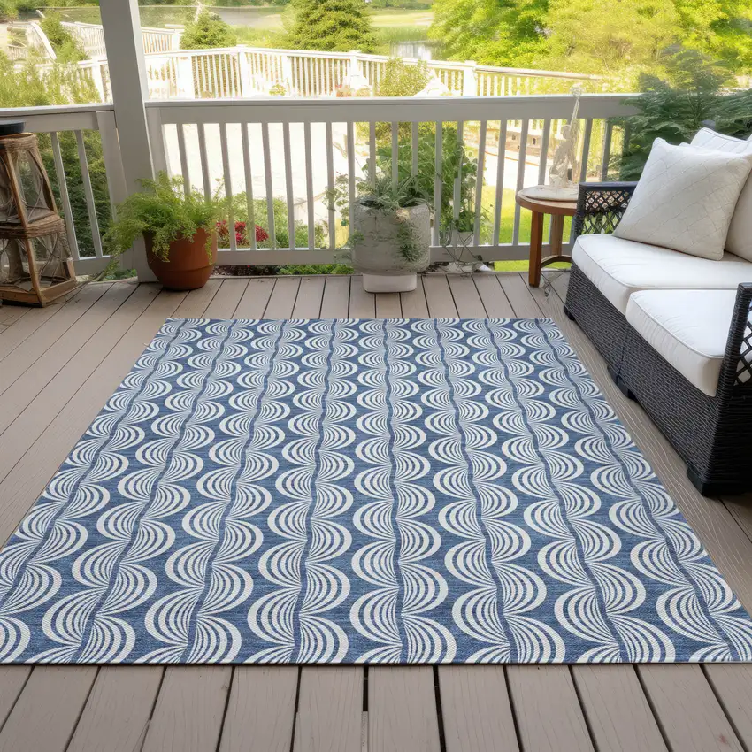 Denim Blue And Ivory Ogee Washable Indoor Outdoor Area Rug Photo 7
