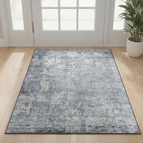 Denim Blue And Ivory Oriental Washable Area Rug With UV Protection Photo 2