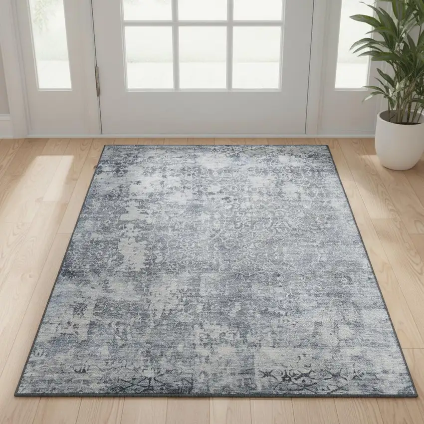 Denim Blue And Ivory Oriental Washable Area Rug With UV Protection Photo 2
