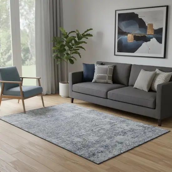 Denim Blue And Ivory Oriental Washable Area Rug With UV Protection Photo 2