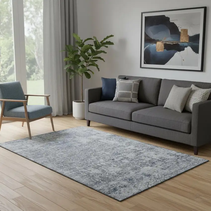 Denim Blue And Ivory Oriental Washable Area Rug With UV Protection Photo 2