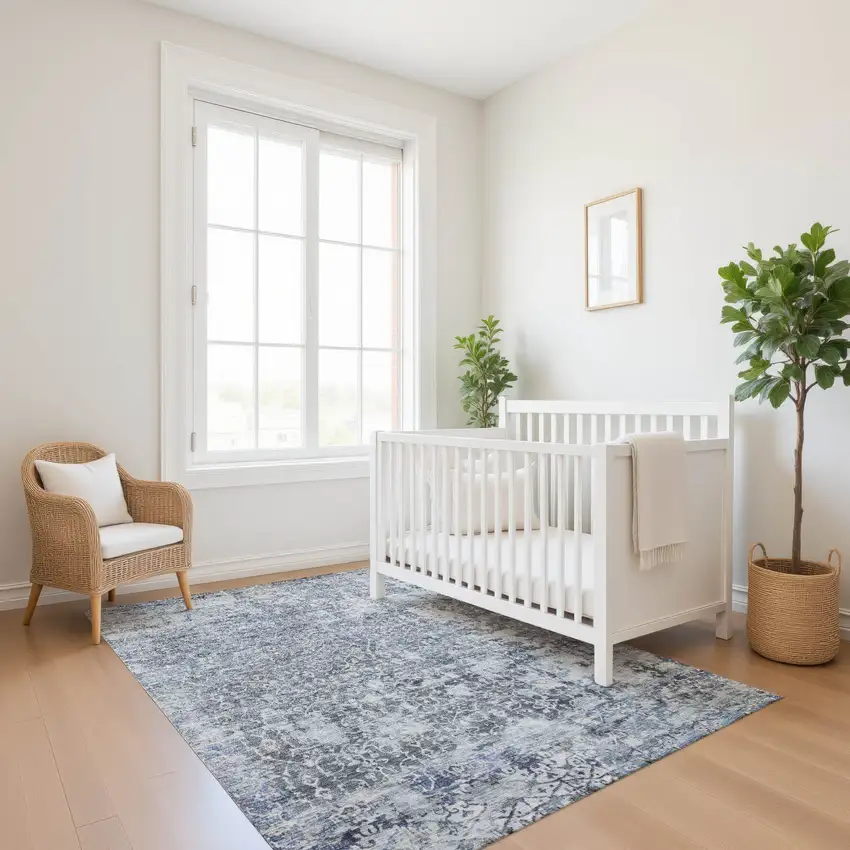 Denim Blue And Ivory Oriental Washable Area Rug With UV Protection Photo 5