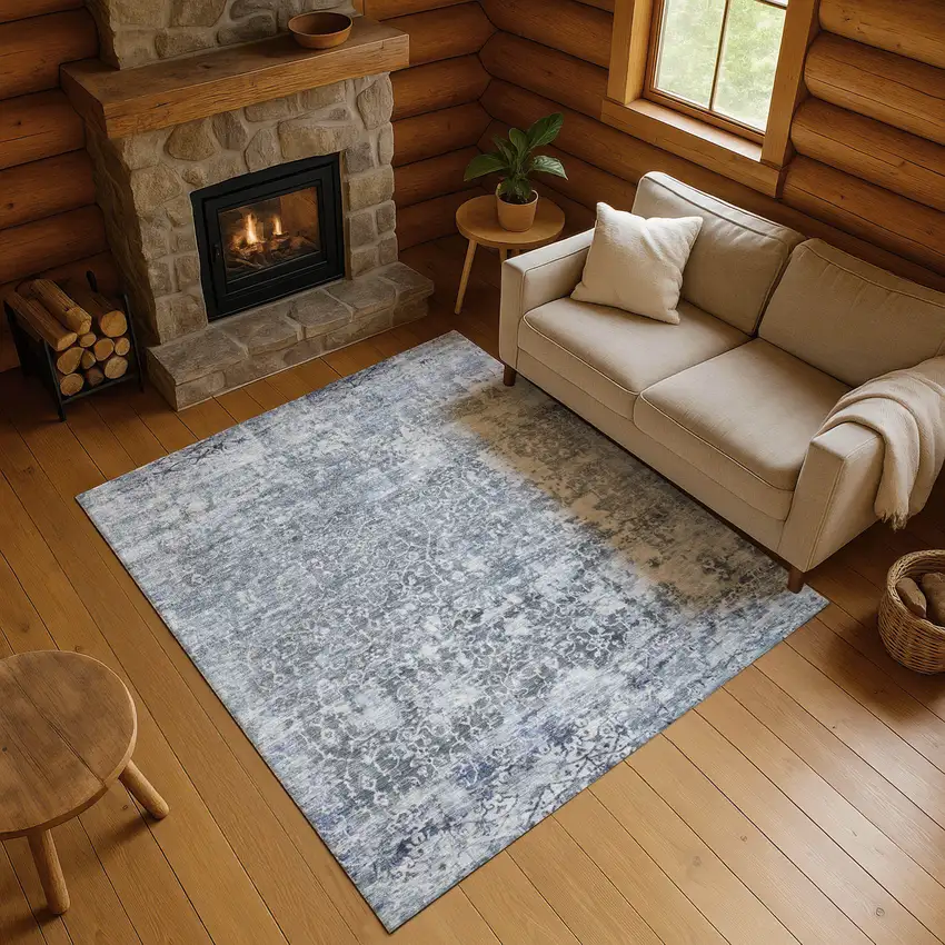 Denim Blue And Ivory Oriental Washable Area Rug With UV Protection Photo 4