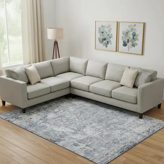 Denim Blue And Ivory Oriental Washable Area Rug With UV Protection Photo 2