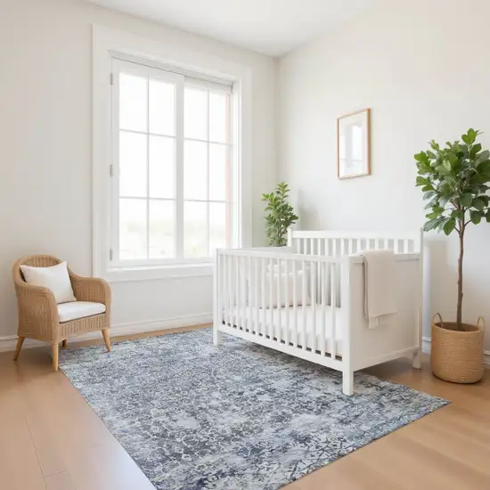 Denim Blue And Ivory Oriental Washable Area Rug With UV Protection Photo 5