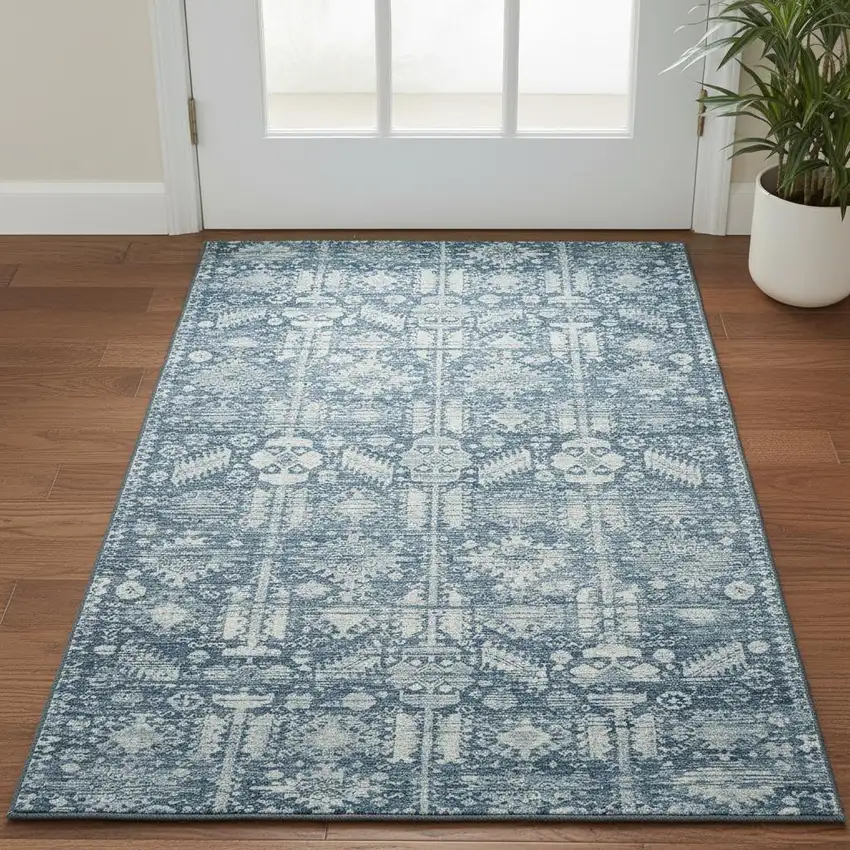 Denim Blue And Ivory Oriental Washable Area Rug With UV Protection Photo 2