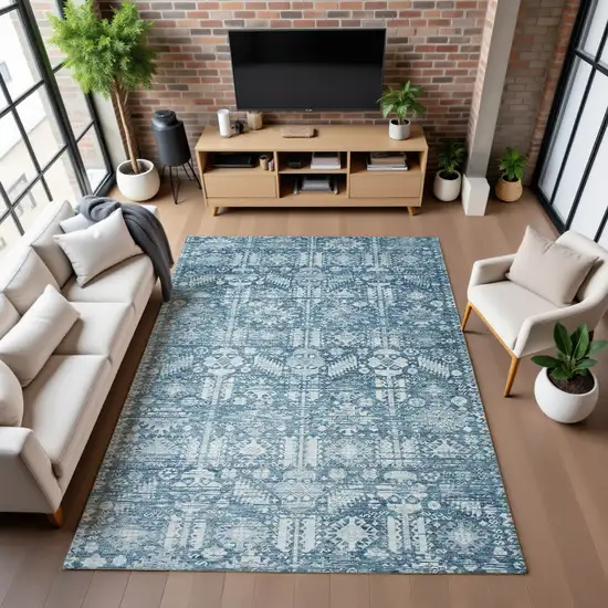Denim Blue And Ivory Oriental Washable Area Rug With UV Protection Photo 5