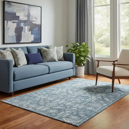 Denim Blue And Ivory Oriental Washable Area Rug With UV Protection Photo 2