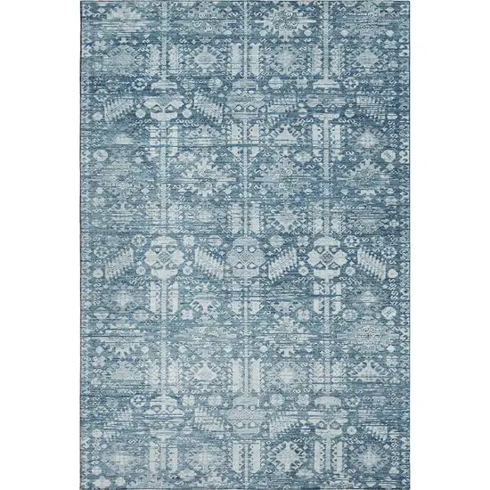 Denim Blue And Ivory Oriental Washable Area Rug With UV Protection Photo 1