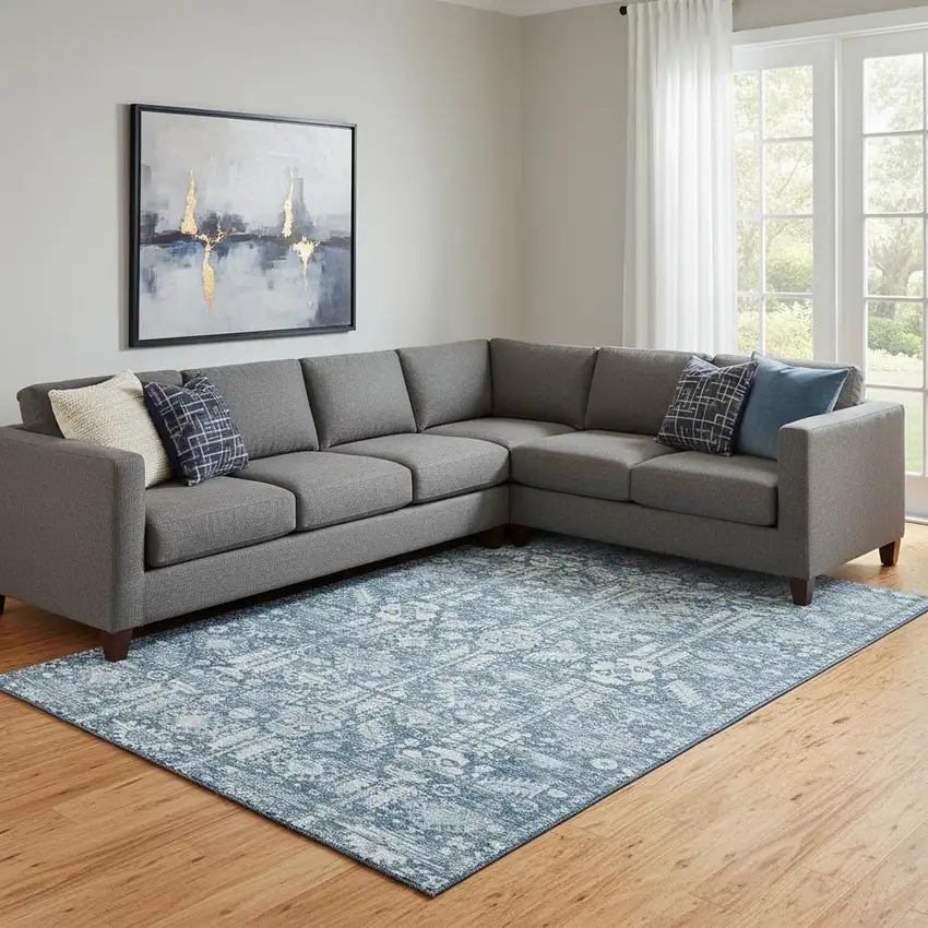 Denim Blue And Ivory Oriental Washable Area Rug With UV Protection Photo 2