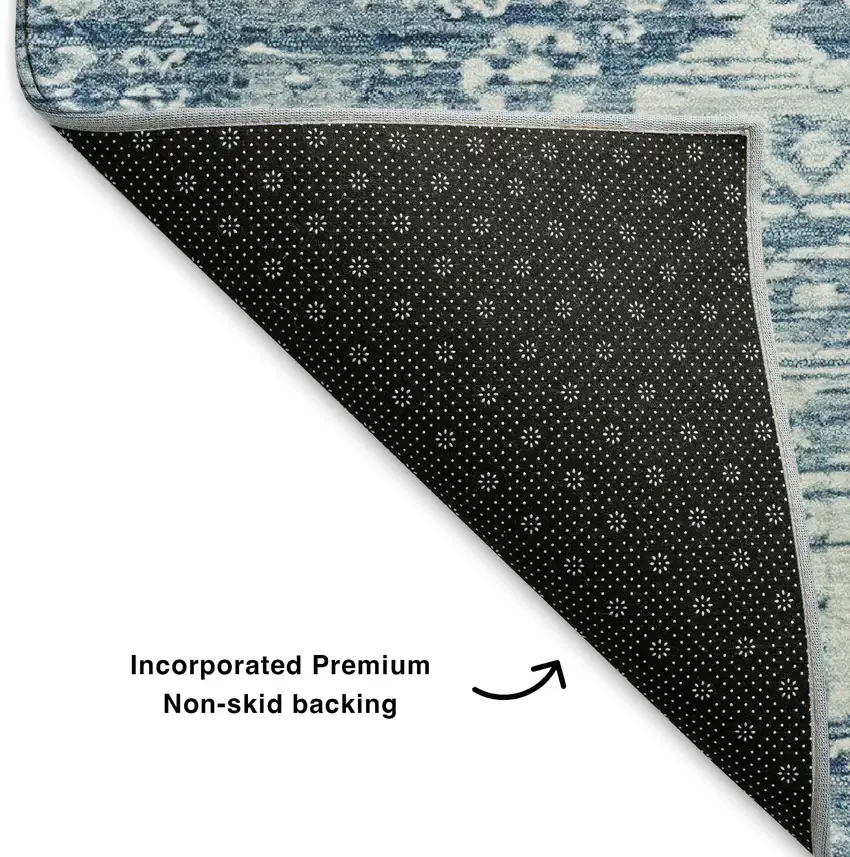 Denim Blue And Ivory Oriental Washable Area Rug With UV Protection Photo 6
