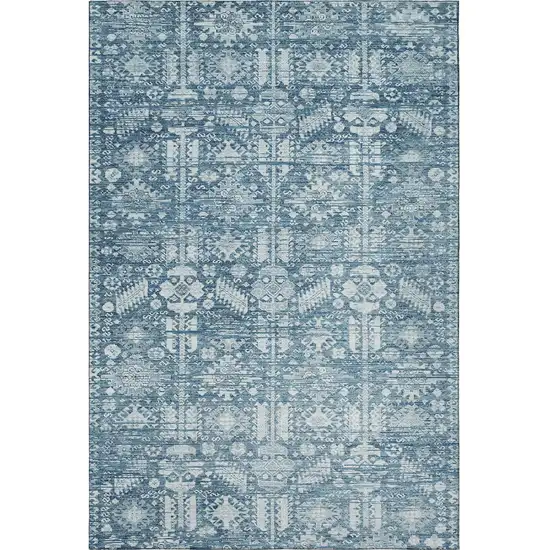 Denim Blue And Ivory Oriental Washable Area Rug With UV Protection Photo 3