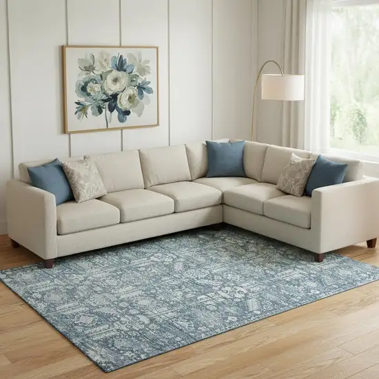 Denim Blue And Ivory Oriental Washable Area Rug With UV Protection Photo 2