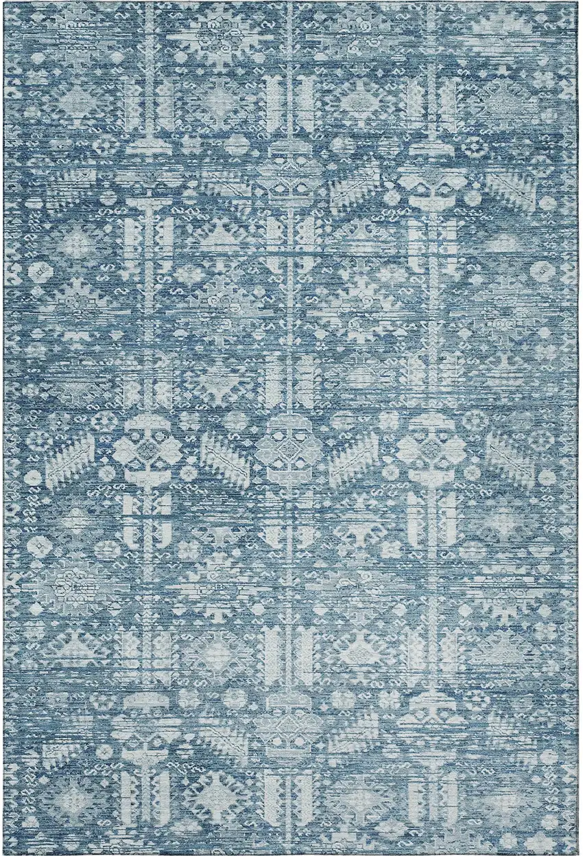 Denim Blue And Ivory Oriental Washable Area Rug With UV Protection Photo 3