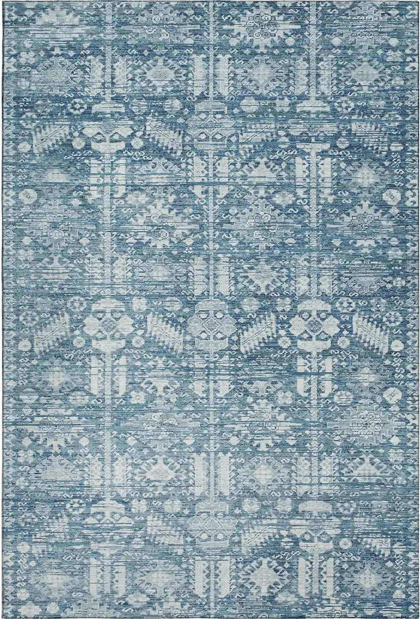 Denim Blue And Ivory Oriental Washable Area Rug With UV Protection Photo 1