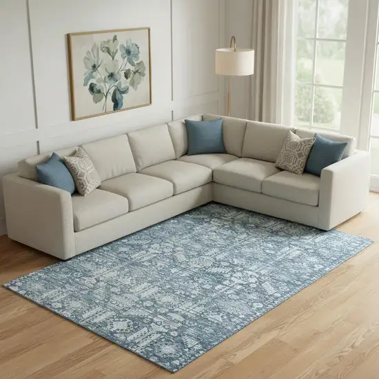 Denim Blue And Ivory Oriental Washable Area Rug With UV Protection Photo 2