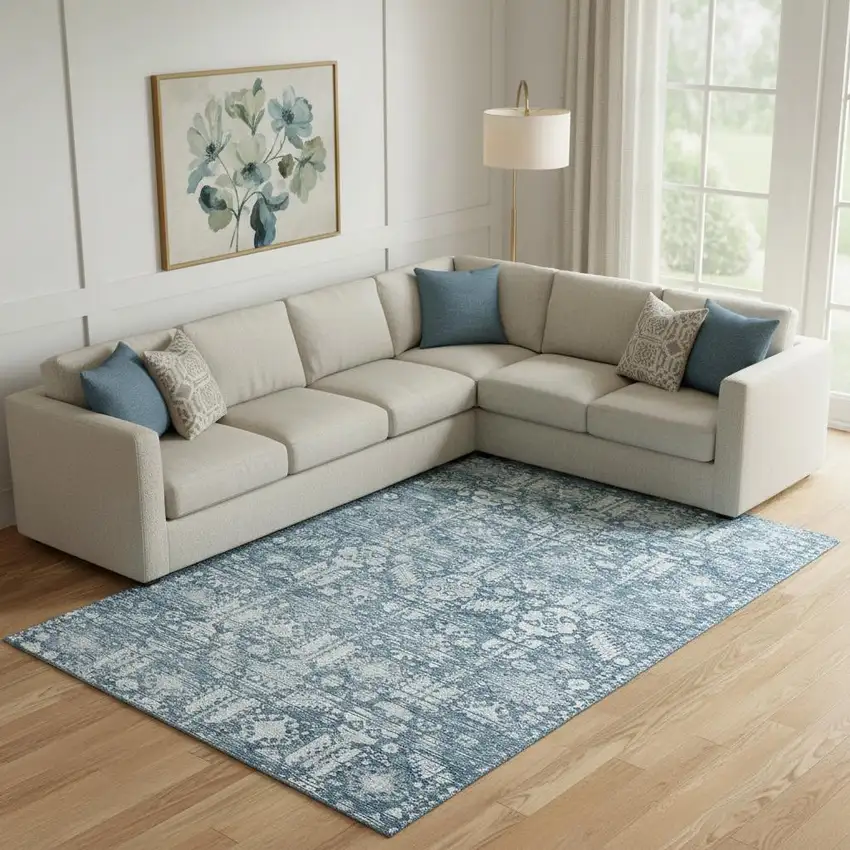 Denim Blue And Ivory Oriental Washable Area Rug With UV Protection Photo 2
