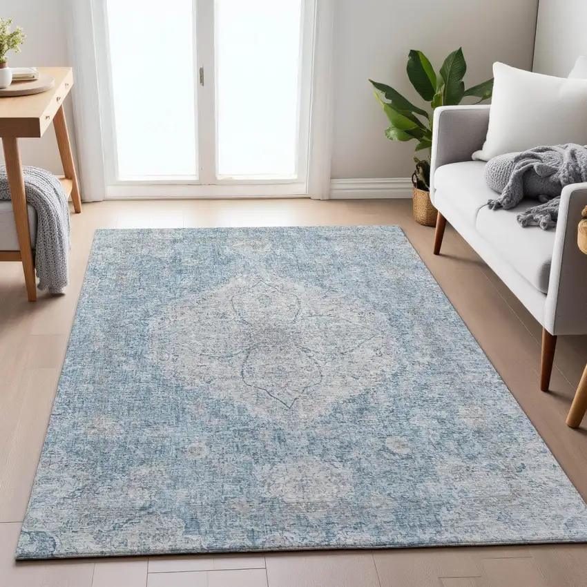 Denim Blue And Ivory Oriental Washable Indoor Outdoor Area Rug Photo 6