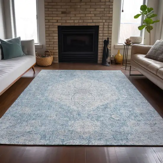 Denim Blue And Ivory Oriental Washable Indoor Outdoor Area Rug Photo 7