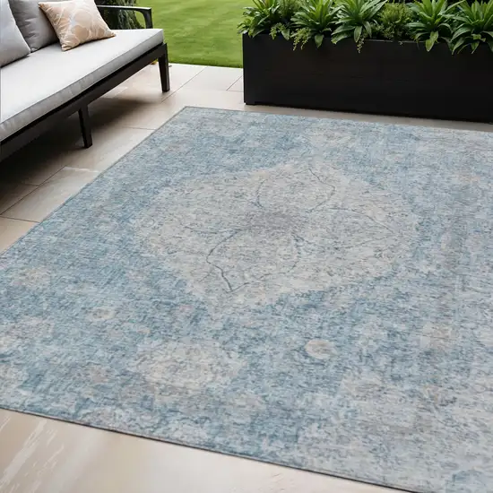 Denim Blue And Ivory Oriental Washable Indoor Outdoor Area Rug Photo 2