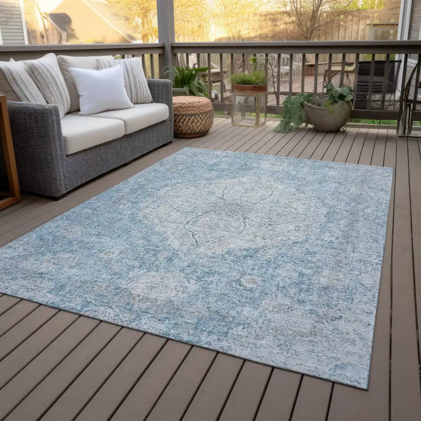 Denim Blue And Ivory Oriental Washable Indoor Outdoor Area Rug Photo 9
