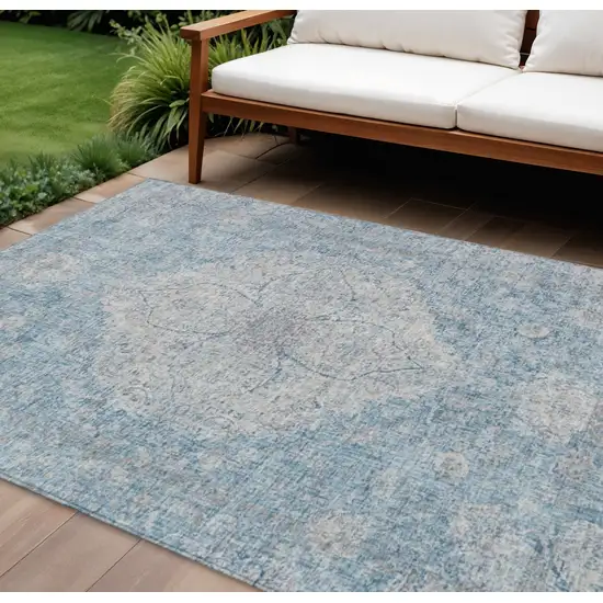 Denim Blue And Ivory Oriental Washable Indoor Outdoor Area Rug Photo 2