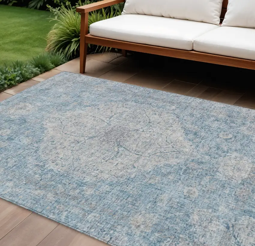 Denim Blue And Ivory Oriental Washable Indoor Outdoor Area Rug Photo 2