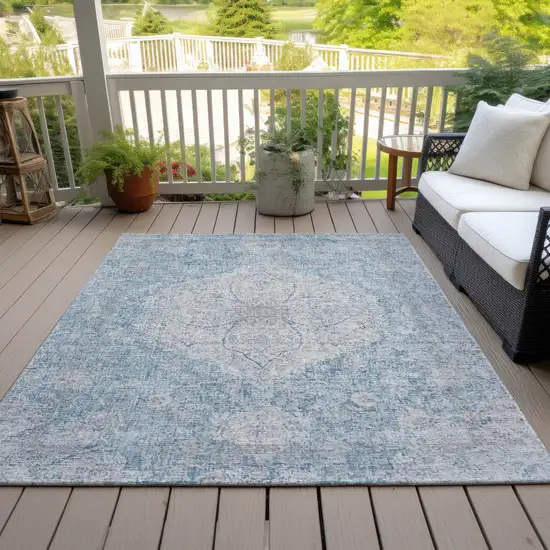 Denim Blue And Ivory Oriental Washable Indoor Outdoor Area Rug Photo 6