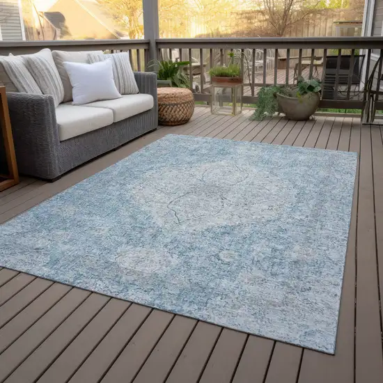 Denim Blue And Ivory Oriental Washable Indoor Outdoor Area Rug Photo 9